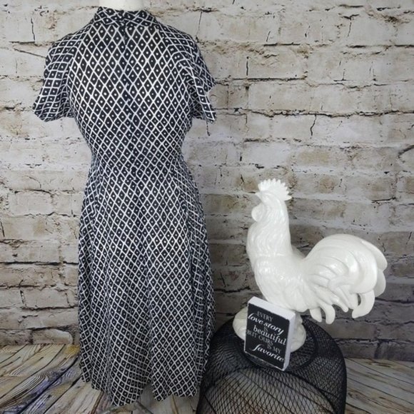 St John Collection Fit & Flare Midi Dress Black White Diamond Retro Party Silk 2 - Picture 3 of 8